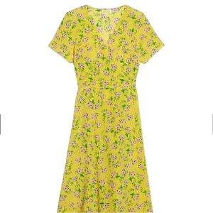 NWOT From Future Parisian European Brand 100% Silk Yellow Floral Mini Dress 36